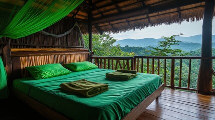 Fototapeta premium Jungle cabin bedroom with mountain views