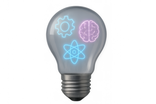 Luminous brain, gear, atom icons illuminating light bulb, representing innovative technological creativity against transparent backdrop