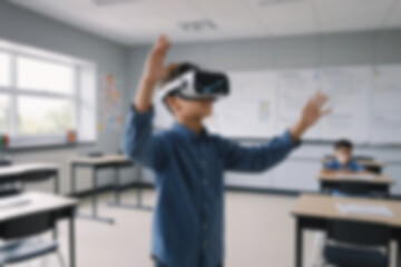 [26/5 06.28] Dialfkrr: In high school, blurry photo of a teenage boy using a VR headset in class, exploring virtual reality. Technology, education, learning, innovation, interactive, students, blurry 
