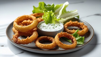 Crispy Onion Rings with Dip on Rustic Plate