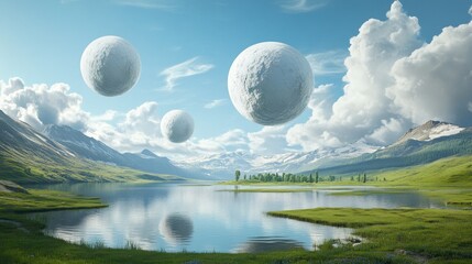 Floating orbs over a serene lake