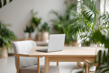 Fototapeta premium scandinavianstyle home office featuring sleek laptop surrounded by lush green plants