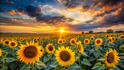 Fototapeta premium An expansive field of sunflowers glows under a vibrant sunset sky. 