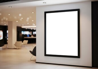 Blank movie poster display mockup at a cinema entrance lobby.