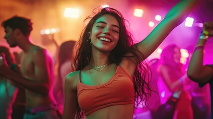 Vibrant young woman dancing and embracing the party at a music festival