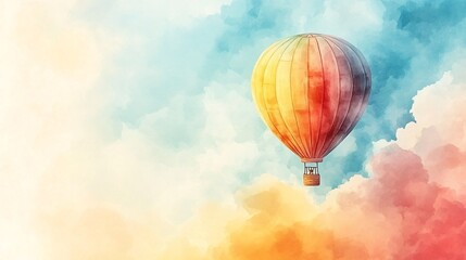 Fototapeta premium Colorful hot air balloon floats through a pastel sky.