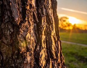 Close-up of Tree Bark at Sunset with Glowing Light and Landscape