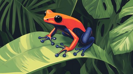 Vibrant illustration of a poison dart frog on a tropical leaf.