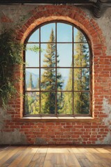 Rustic Interior With Arch Window And Forest View