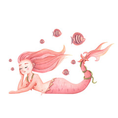Watercolor mermaid with cute fishes in pink, ready print. Illustration of children linen or kids textiles. Drawing for nursery wall.