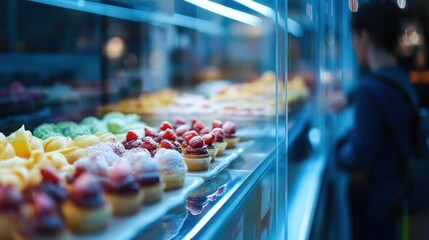Obraz premium Assortment of colorful pastries displayed in a glass case