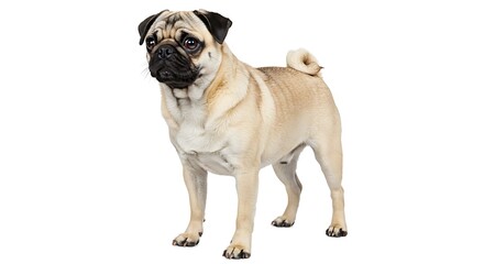 Full Body Shot of a Pug Dog Isolated on White Background Showing its Unique Curly Tail and Wrinkled Face Against a Clean Backdrop
