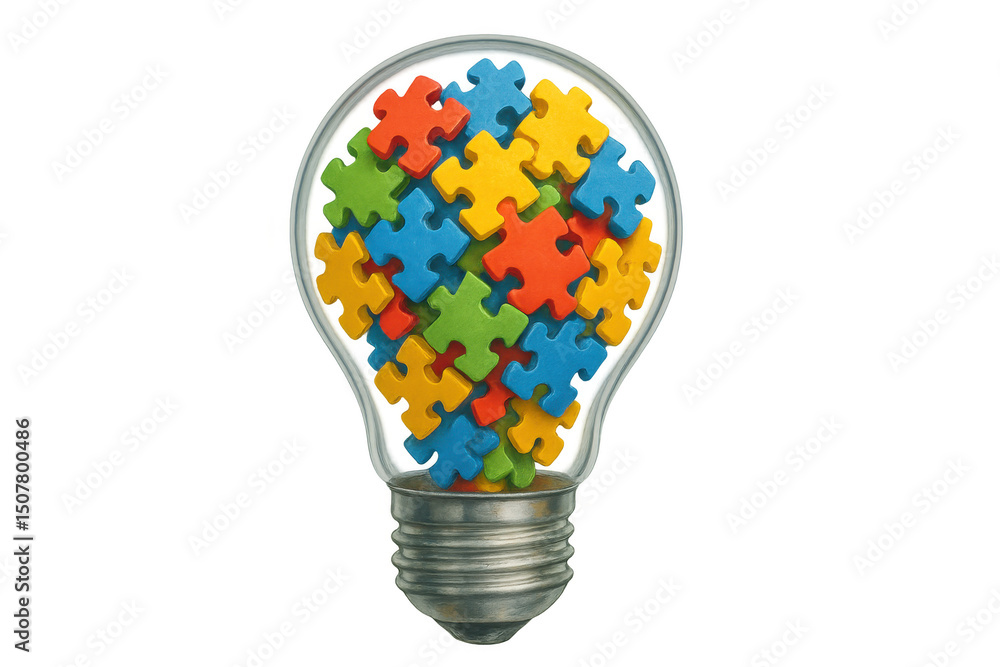 Poster glowing light bulb containing colorful interlocking puzzle pieces symbolizing creative problem-solvi