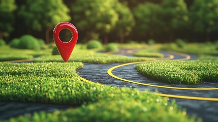 A red location marker sits atop a grassy path.