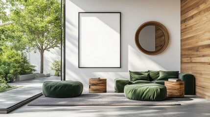 Modern living room design with green velvet furniture and natural wood accents.