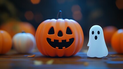 Halloween jack-o'-lantern and ghost on a surface.