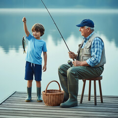 A young male child proudly holds up a caught fish while an older man sits beside him fishing on a dock