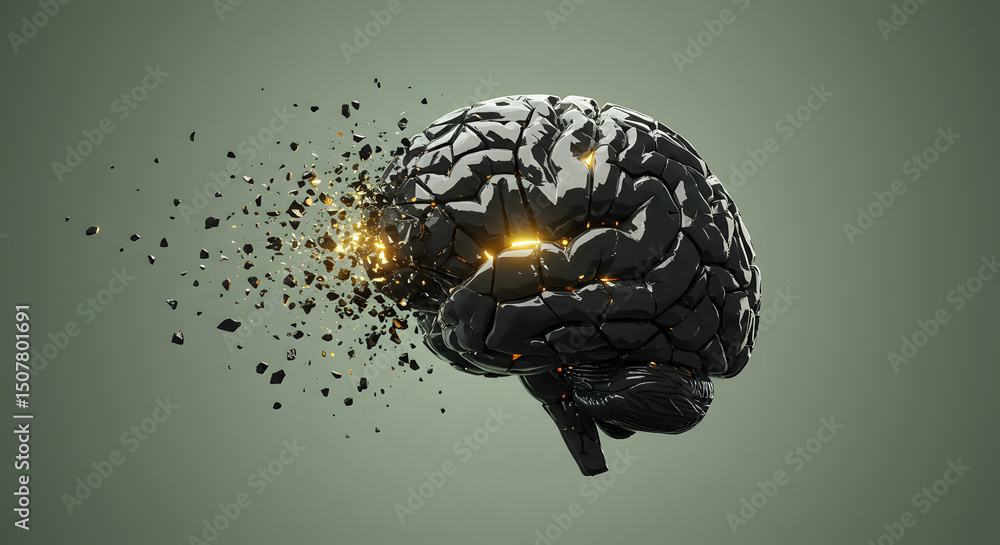 Aufkleber abstract pixelated brain dissolving with glowing spots on muted green background symbolizing cogniti