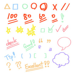 Sentence marks and checks, good, excellent, speech balloons, stars, etc. drawn with colorful pastel colored pencils and crayons.