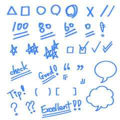 Sentence marks and checks, good, excellent, speech balloons, stars, etc. drawn with blue colored pencils and crayons.