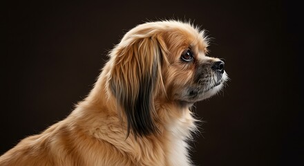 Portrait of a Pekingese Mix Dog Profile with Brown Fur on a Dark Background and Expressive Eyes Looking Upwards in a Studio Shot