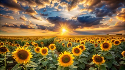 Fototapeta premium Vast sunflower field bathed in golden sunlight under a dramatic sky. 