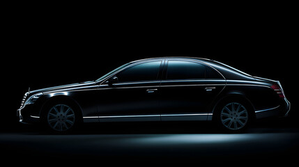 Black luxury sedan in motion, sleek side profile; elegance and power in perfect harmony