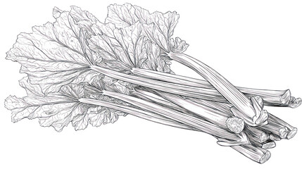  Detailed Line Art Drawing of Fresh Rhubarb Stalks on Transparent Background