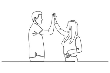 Continuous one line drawing of Two professional businessmen giving highfive. Single line drawing illustration of Partnership high five. Ipo profit victory concept vector art. Doodle line illustration.
