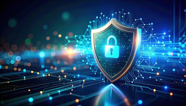 Cybersecurity Shield: A digital shield bearing a secure lock hovers over intricate circuit pathways, creating a visual representation of safeguarding data and protecting sensitive information.