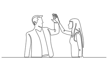 Continuous one line drawing of Two professional businessmen giving highfive. Single line drawing illustration of Partnership high five. Ipo profit victory concept vector art. Doodle line illustration.