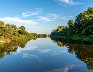 Serene Reflection of Natural Landscape by Calm River Under Blue Sky