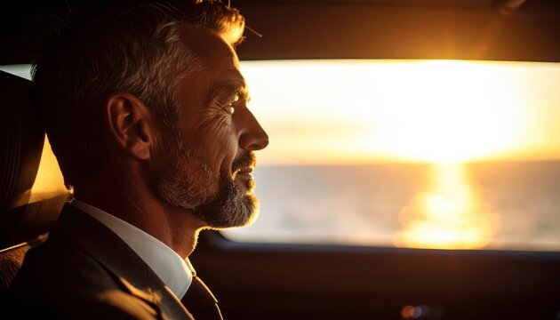 Serene Journey: A distinguished individual gazes out the car window, his profile illuminated by the warm glow of the sunset reflecting his contemplation and appreciation for the moment.