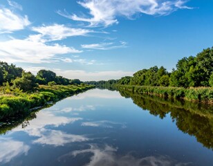 Obraz premium Serene River Landscape with Reflections and Clear Blue Skies