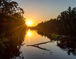 Serene Sunset Over Calm River Surrounded by Lush Green Trees