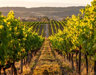 Fototapeta premium Lush Vineyard Rows Under Golden Sunset Sky in Serene Landscape