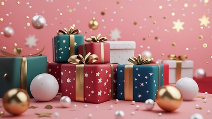 Obraz premium Stacked gift boxes with festive embellishments on a pink background.