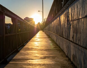 Sunset Over Urban Bridge Pathway with Glowing Warm Light