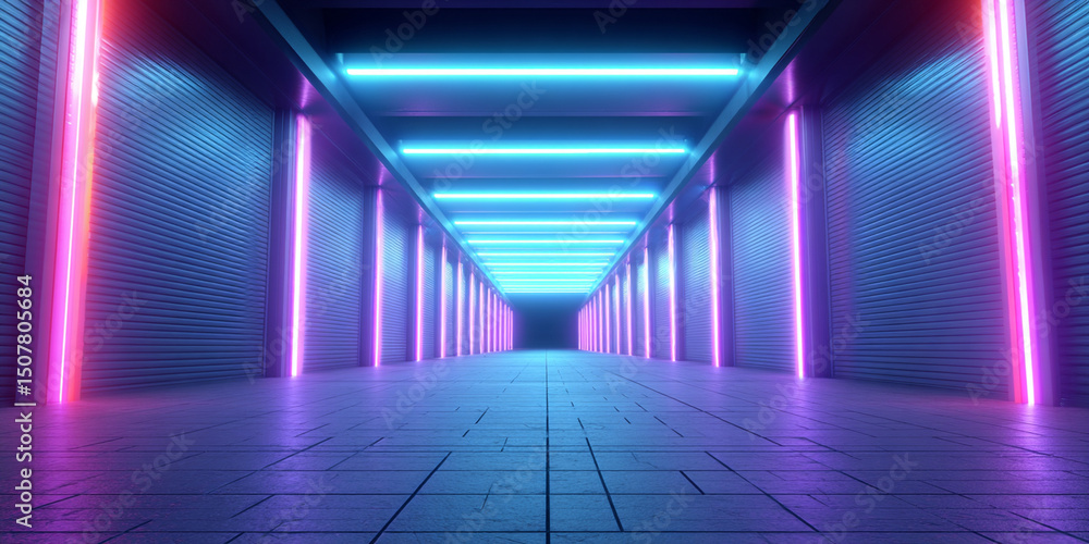 Poster neon futuristic alley with glowing blue and pink lights, creating dynamic perspective and vibrant at