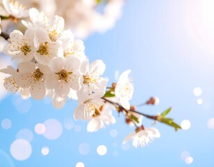 Fototapeta premium Beautiful White Blossom Flowers on Blue Sky Background with Bokeh