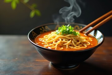Steaming bowl of ramen noodles, chopsticks, garnish, bright, culinary, egg