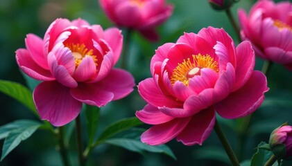 Bold, stylized peony blooms, vibrant color palette, illustration, floral art