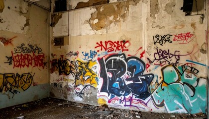 Abandoned Room with Colorful Graffiti and Cracked Walls