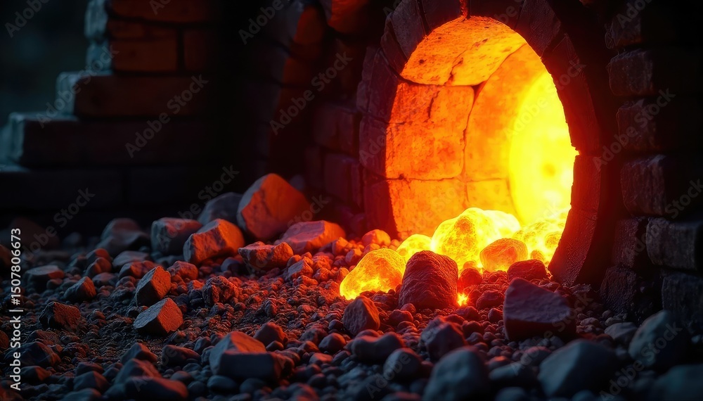 Wall mural intense heat radiating from a fiery furnace, glowing embers and molten metal casting dramatic shadow