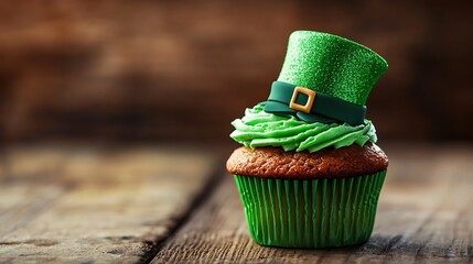 Delicious leprechaun cupcake on rustic wooden surface.