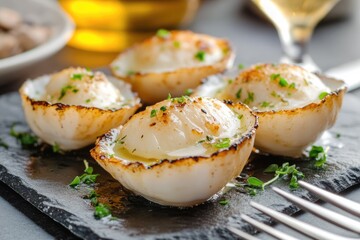 Gourmet delight: coquilles Saint Jacques, a refined dish presented in professional food advertising, exquisite seafood, elegance, and culinary expertise, showcasing luxury and sophisticated dining.