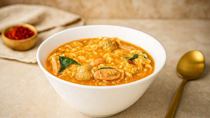 A bowl of spicy Indonesian seblak made with noodles, eggs, sausage, vegetables, and a savory broth. Perfect for culinary, street food, or traditional cuisine themes.