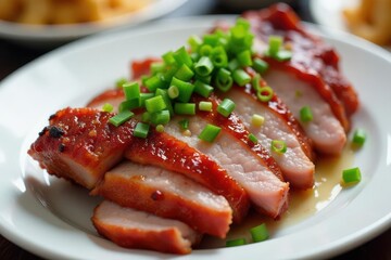Crispy Peking duck, sliced, garnished with green onions, white plate, culinary, roasted, garnish