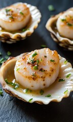 Gourmet delight: coquilles Saint Jacques, a refined dish presented in professional food advertising, exquisite seafood, elegance, and culinary expertise, showcasing luxury and sophisticated dining.