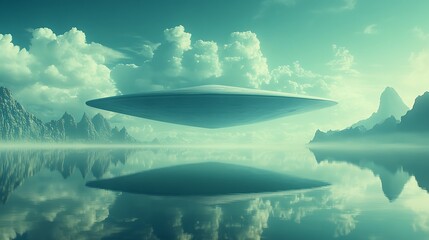 Mysterious UFO Hovering Over Calm Lake with Mountains  Clouds, and Atmospheric Scene.